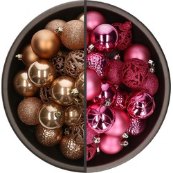 74x stuks kunststof kerstballen mix van fuchsia roze en camel bruin 6 cm - Kerstbal