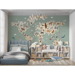 Wereldkaart met dieren - Kinderbehang - 389,6 cm x 280 cm - Walloha