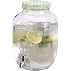 Excellent Houseware Drankdispenser/limonadetap - met tapje - glas - 4 liter - groen/wit geblokte dop - 15 x 26 cm - Drankdispensers