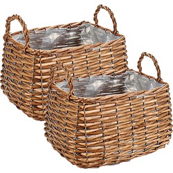 Set van 2x stuks plantenbak manden gevlochten riet met binnenmand 26 x 21 x 16 cm - Plantenbakken