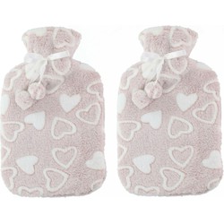 Warmwaterkruiken 2 liter met zachte fleece hoes beige/hartjes 2x stuks - Kruiken