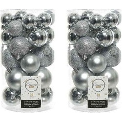 60x Kunststof kerstballen glanzend/mat/glitter zilver kerstboom versiering/decoratie - Kerstbal