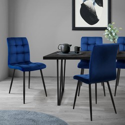 Eetkamerstoel set van 4 grote vierkante gewatteerde donkerblauwe fluwelen bekleding met metalen poten incl. montagemateriaal ML-Design