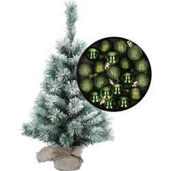 Besneeuwde mini kerstboom/kunst kerstboom 35 cm met kerstballen groen - Kunstkerstboom