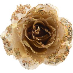 Gouden glitter roos op clip 14 cm - Kunstbloemen