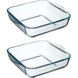 2x stuks ovenschaal vierkant - Transparant - Geglazuurd glas - 22 x 22 x 6 cm - Ovenschalen