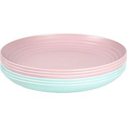 Setje van 10x stuks ronde kunststof borden groen en roze 25 cm - Campingborden