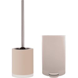 MSV Toiletborstel in houder/pedaalemmer set Napoli - keramiek/kunststof - taupe/beige - Badkameraccessoireset