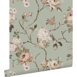 ESTAhome behang vintage bloemen vergrijsd mintgroen en zacht roze - 0.53 x 10.05 m - 139291