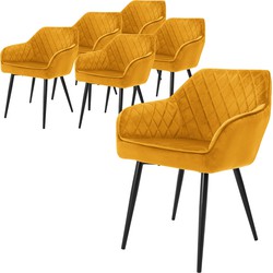 Set van 6 eetkamerstoelen met rugleuning & armleuningen mosterdgele fluwelen bekleding met metalen poten ML design