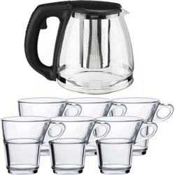 Glazen theepot met filter/infuser van 1,2 liter met 6x stuks theeglazen van 220 ml - Theepotten