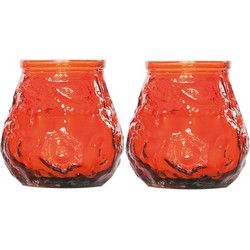 2x Oranje tafelkaarsen in glazen houders 7 cm brandduur 17 uur - Waxinelichtjes