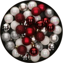 42x Stuks kunststof kerstballen mix wit/zilver/donkerrood 3 cm - Kerstbal