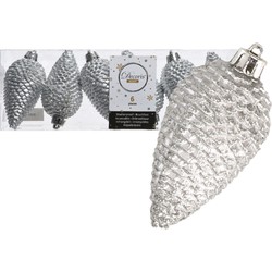 Decoris Kersthangers dennenappels - 6x st - zilver - glitter - 8 cm - Kersthangers