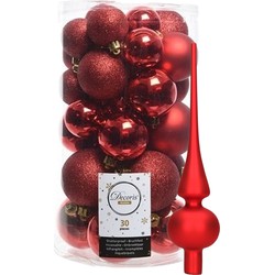 Decoris kerstballen 30x stuks - rood 4/5/6 cm kunststof mat/glans/glitter mix en piek - Kerstbal