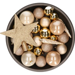 Set van 33x stuks kunststof kerstballen met ster piek goud/champagne/bruin mix - Kerstbal