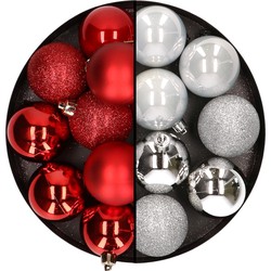 24x stuks kunststof kerstballen mix van rood en zilver 6 cm - Kerstbal