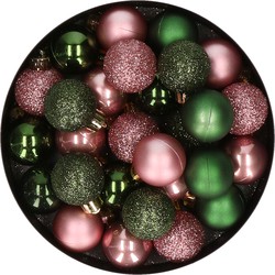 28x stuks kunststof kerstballen donkergroen en oudroze mix 3 cm - Kerstbal