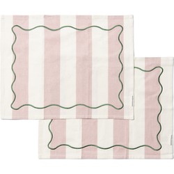 Riviera Maison Textielen Placemats Roze verticale strepen patroon - Capri tafeltextiel met organisch groen borduursel