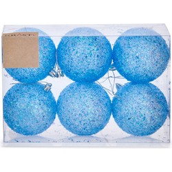 Krist+ kerstballen - 6x st - helder blauw glitter - kunststof - 8 cm - Kerstbal