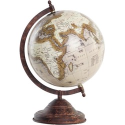 Items Deco Wereldbol/globe op voet - kunststof - roestbruin tinten - home decoratie artikel - D18 x H32 cm - Wereldbollen