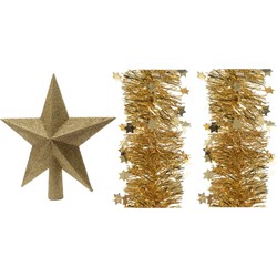 Set van een kerst ster piek en 2x stuks kerstslingers goud 270 x 10 cm - kerstboompieken