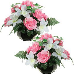 Louis Maes Kunstbloemen plantje in pot - 2x - kleuren roze/wit - 25 cm - Bloemstuk ornament - orchidee/rozen met bladgroen - Kunstbloemen