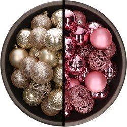 Kunststof kerstballen 74x stuks champagne en roze 6 cm - Kerstbal