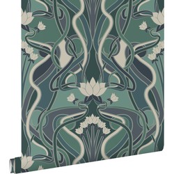 ESTAhome behang vintage bloemen in art nouveau stijl vergrijsd groen en blauw - 50 x 900 cm - 139894