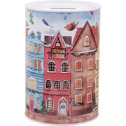 Clayre & Eef Spaarpot Ø 10x15 cm Roze Metaal Huizen
