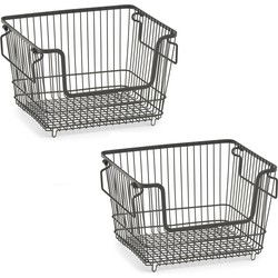 Zeller opberg draadmand zwart - 3x - stapelbaar - 33x27x21 cm - metaal - Opbergmanden