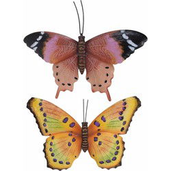 Vlinders - 2x - metaal - geel/paars/roestbruin - 35 x 24 cm - Tuinbeelden