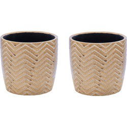 Mega Collections Plantenpot - 2x - keramiek - taupe/bruin - visgraat motief - D13.5 x H12.5 cm - Plantenpotten