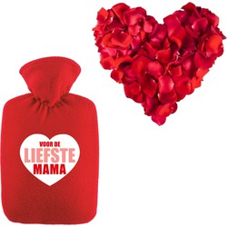 Liefste mama warmwaterkruik rood 2 liter fleece hoes en rozenblaadjes - Kruiken