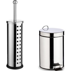 Toiletborstel houder zilver rvs 39 cm met pedaalemmer 5 liter - Badkameraccessoireset