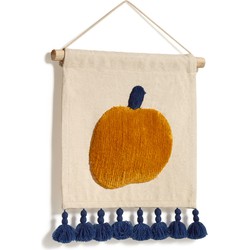 Kave Home - Amarantha 100% katoenen wandkleed met gele appel en blauwe kwastjes in wit, 30 x 30 cm