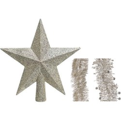 Kerstversiering kunststof glitter ster piek 19 cm en folieslingers pakket champagne van 3x stuks - kerstboompieken