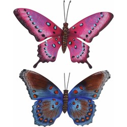 Set van 2x stuks tuindecoratie muur/wand vlinders van metaal in roze en bruin/blauw tinten 44 x 31 c - Tuinbeelden
