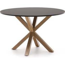 Kave Home - Argo ronde tafel in zwartgelakt MDF glas en stalen poten met houteffect Ø 120 cm
