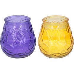 Arti Casa 4x stuks citronella Lowboy tafelkaarsen - 10 cm - geel en paars glas - geurkaarsen