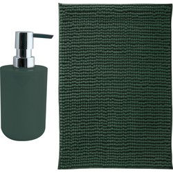 MSV badkamer droogloop mat - Milano - 40 x 60 cm - met bijpassend zeeppompje - donkergroen - Badmatjes