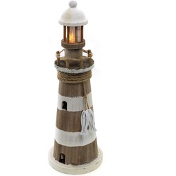 Vuurtoren beeldje met LED licht - Hout - 12 x 35 cm - wit/bruin - Maritieme decoraties binnen - Beeldjes