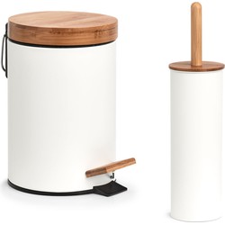 Badkamer/toilet set - WC-borstel en pedaalemmer - metaal - wit - Badkameraccessoireset