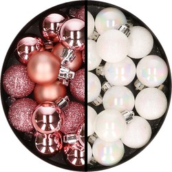 34x stuks kunststof kerstballen roze en parelmoer wit 3 cm - Kerstbal