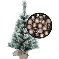 Besneeuwde mini kerstboom/kunst kerstboom 35 cm met kerstballen champagne - Kunstkerstboom