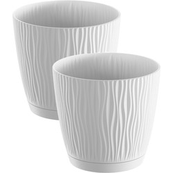 2x stuks stijlvolle kunststof plantenpot/bloempot dia 15 cm/hoogte 14 cm Waves wit - Plantenpotten