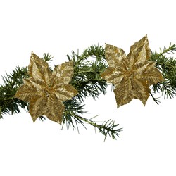 2x stuks kerstboom decoratie bloemen goud glitter op clip 23 cm - Kersthangers