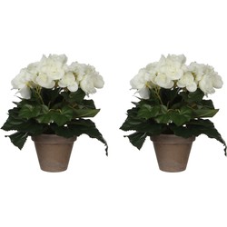 2x stuks witte Begonia kunstplant 25 cm in grijze pot - Kunstplanten