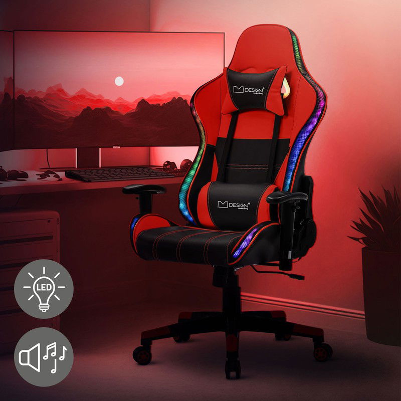 Gamingstoel met RGB-verlichting & Bluetooth-luidsprekers in zwart/rood kunstleer ML-ontwerp - 