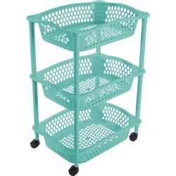 Keuken opberg trolleys/roltafels met 3 manden 62 cm turquoise blauw - Opberg trolley